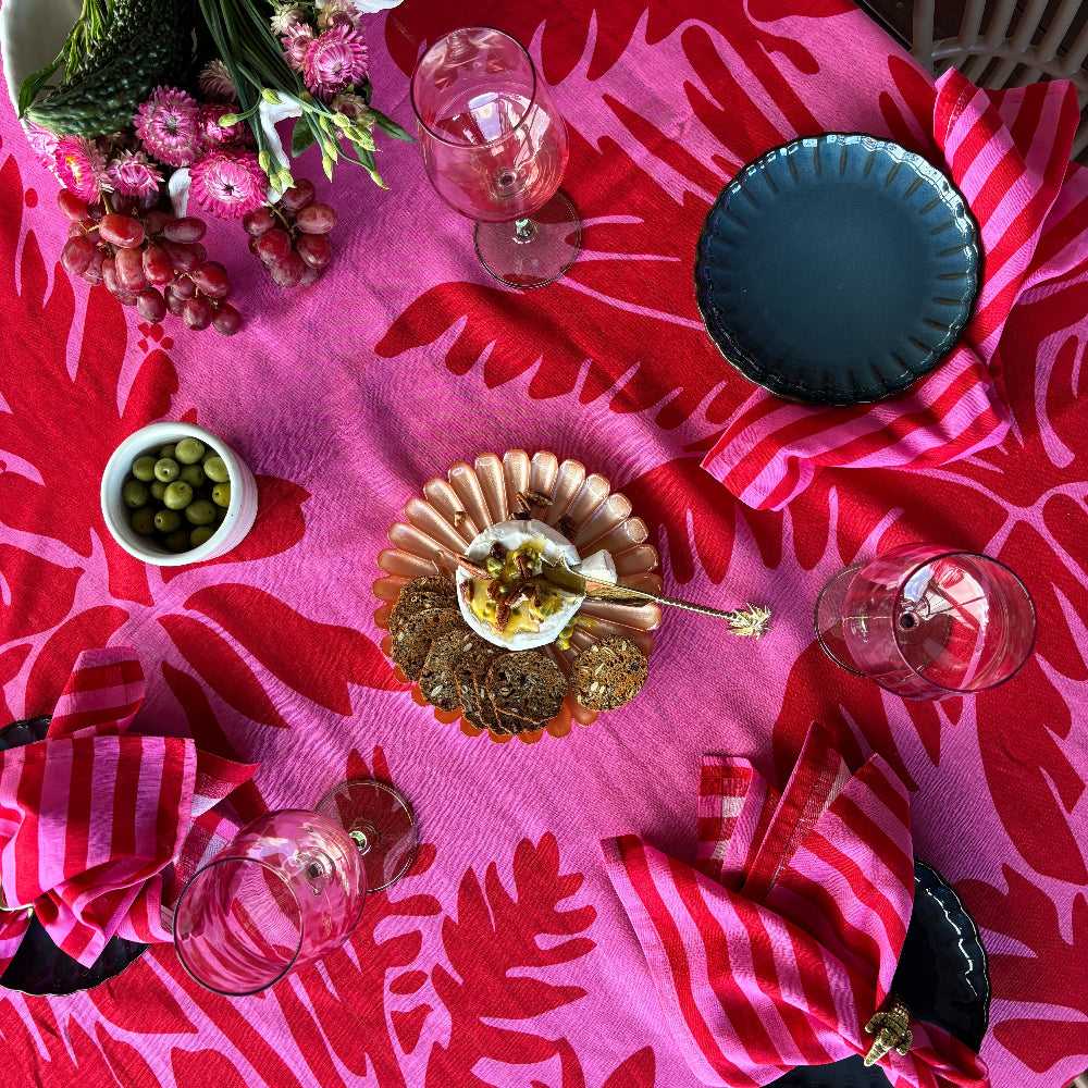 pink table linen with floral setting tablecloth