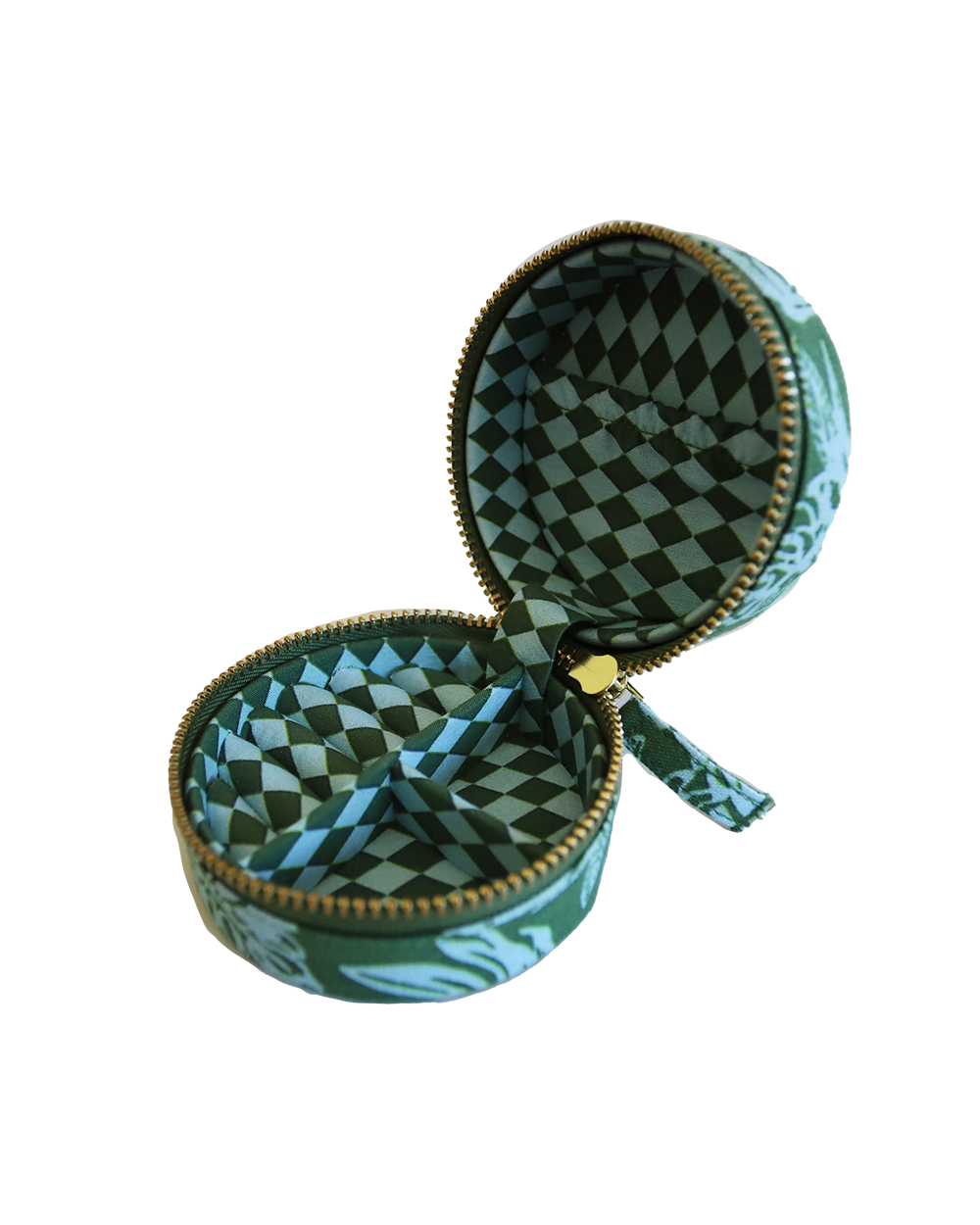 Open green and blue patterned mini linen jewellery case on a white background